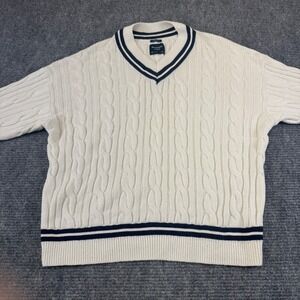 Abercrombie‎ Fitch Oversized Cable Knit V Neck Sweater Cream Navy Stripe L